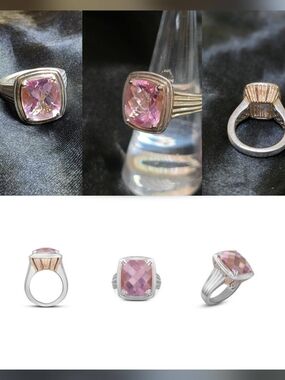 Charles Krypell Pink Cushion Topaz  Gemstone Ring in Silver & 18kt Gold